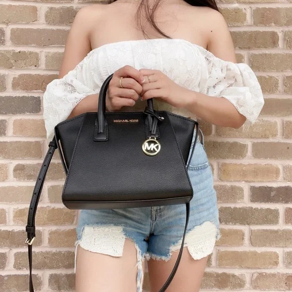 Michael Kors Avril Small Top Zip Satchel Crossbody Black Leather